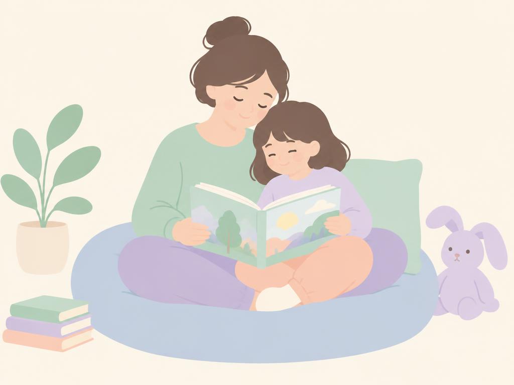 A parent and child sitting together reading, in soft pastel colours